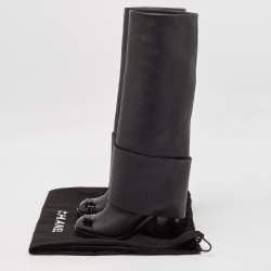 Chanel Black Patent and Leather CC Cap Toe Fold Over High Boots Size 38.5