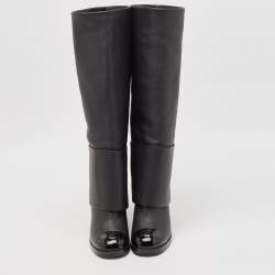 Chanel Black Patent and Leather CC Cap Toe Fold Over High Boots Size 38.5