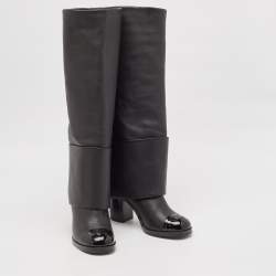 Chanel Black Patent and Leather CC Cap Toe Fold Over High Boots Size 38.5
