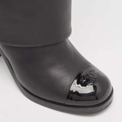 Chanel Black Patent and Leather CC Cap Toe Fold Over High Boots Size 38.5