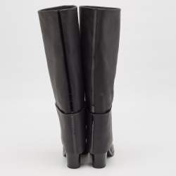 Chanel Black Patent and Leather CC Cap Toe Fold Over High Boots Size 38.5