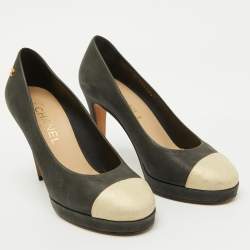 Chanel Dark Grey/Gold Leather CC Cap Toe Pumps Size 37