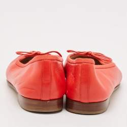 Pre Owned Chanel Red Leather CC Cap Toe Bow Ballet Flats Size 35.5