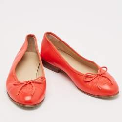 Pre Owned Chanel Red Leather CC Cap Toe Bow Ballet Flats Size 35.5