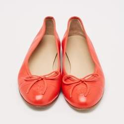 Pre Owned Chanel Red Leather CC Cap Toe Bow Ballet Flats Size 35.5