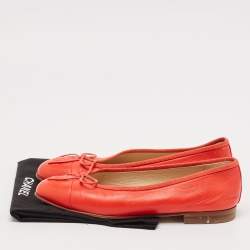 Pre Owned Chanel Red Leather CC Cap Toe Bow Ballet Flats Size 35.5