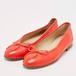 Pre Owned Chanel Red Leather CC Cap Toe Bow Ballet Flats Size 35.5