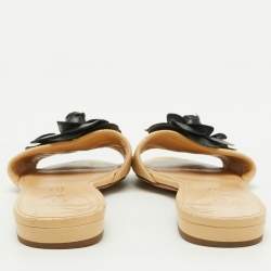 Chanel Beige Leather CC Camellia Flat Slide Sandals Size 39