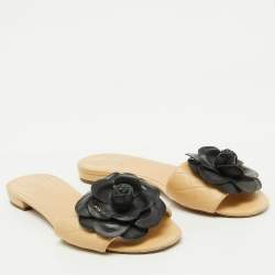 Chanel Beige Leather CC Camellia Flat Slide Sandals Size 39