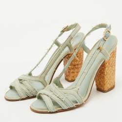 Chanel Light Blue Canvas Strappy Block Heel Slingback Sandals Size 36.5