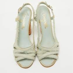 Chanel Light Blue Canvas Strappy Block Heel Slingback Sandals Size 36.5