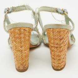 Chanel Light Blue Canvas Strappy Block Heel Slingback Sandals Size 36.5