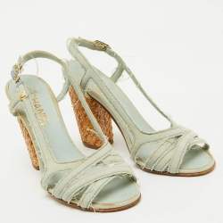 Chanel Light Blue Canvas Strappy Block Heel Slingback Sandals Size 36.5