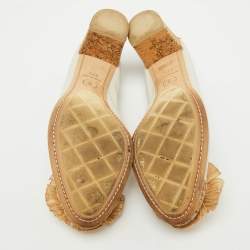Chanel White/Beige Leather, Cork and Raffia Camellia CC Block Heel Pumps Size 37.5