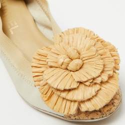 Chanel White/Beige Leather, Cork and Raffia Camellia CC Block Heel Pumps Size 37.5