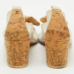 Chanel White/Beige Leather, Cork and Raffia Camellia CC Block Heel Pumps Size 37.5