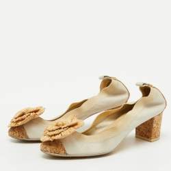 Chanel White/Beige Leather, Cork and Raffia Camellia CC Block Heel Pumps Size 37.5
