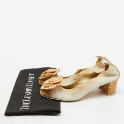 Chanel White/Beige Leather, Cork and Raffia Camellia CC Block Heel Pumps Size 37.5