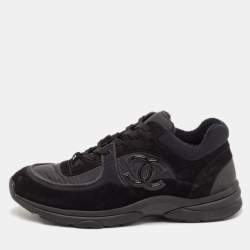 Pre Owned Chanel Black/Navy Blue Suede and Fabric CC Low Top Sneakers  Size 45