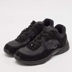 Pre Owned Chanel Black/Navy Blue Suede and Fabric CC Low Top Sneakers  Size 45