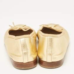 Pre Owned Chanel Gold Leather Cap Toe CC Bow Ballet Flats Size 35.5