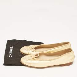 Pre Owned Chanel Gold Leather Cap Toe CC Bow Ballet Flats Size 35.5