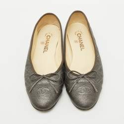 Pre Owned Chanel Dark Grey Leather CC Cap Toe Bow Ballet Flats Size 38