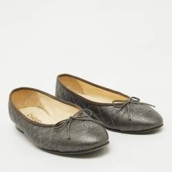 Pre Owned Chanel Dark Grey Leather CC Cap Toe Bow Ballet Flats Size 38
