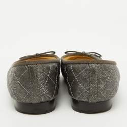 Pre Owned Chanel Dark Grey Leather CC Cap Toe Bow Ballet Flats Size 38