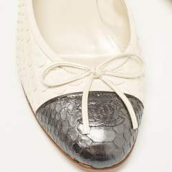 Chanel Cream/Grey Python Leather Bow CC Cap Toe Ballet Flats Size 36