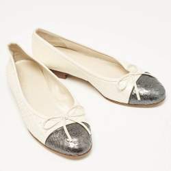 Chanel Cream/Grey Python Leather Bow CC Cap Toe Ballet Flats Size 36