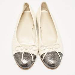 Chanel Cream/Grey Python Leather Bow CC Cap Toe Ballet Flats Size 36