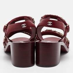 Pre Owned Chanel Burgundy Leather CC Chain Detail Strappy Sandals Size 39