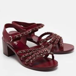 Pre Owned Chanel Burgundy Leather CC Chain Detail Strappy Sandals Size 39