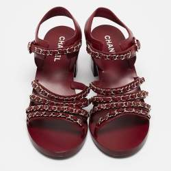 Pre Owned Chanel Burgundy Leather CC Chain Detail Strappy Sandals Size 39