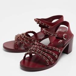 Pre Owned Chanel Burgundy Leather CC Chain Detail Strappy Sandals Size 39