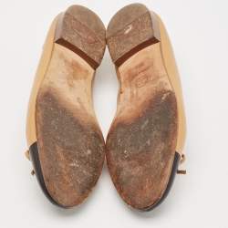 Pre Owned Chanel Beige/Black Leather CC Bow Ballet Flats Size 38.5