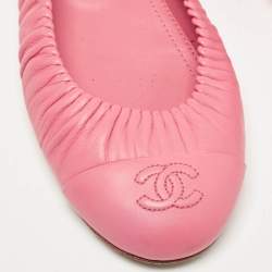 Pre Owned Chanel Pink Leather CC Cap Toe Ballet Flats Size 37.5