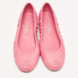Pre Owned Chanel Pink Leather CC Cap Toe Ballet Flats Size 37.5