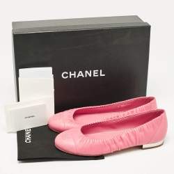 Pre Owned Chanel Pink Leather CC Cap Toe Ballet Flats Size 37.5