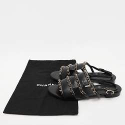 Chanel Black Leather CC Chain Link Flat Slingback Sandals Size 37