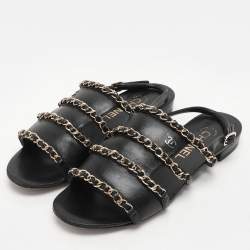 Chanel Black Leather CC Chain Link Flat Slingback Sandals Size 37
