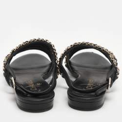 Chanel Black Leather CC Chain Link Flat Slingback Sandals Size 37