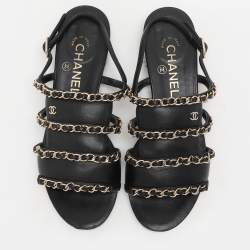 Chanel Black Leather CC Chain Link Flat Slingback Sandals Size 37