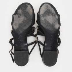 Chanel Black Leather CC Chain Link Flat Slingback Sandals Size 37