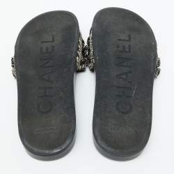 Chanel Black/White Tweed Fabric Tropiconic Chain Link Flat Slides Size 36