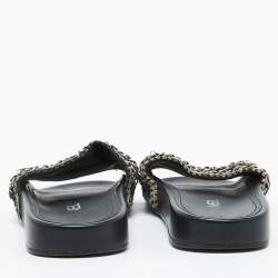 Chanel Black/White Tweed Fabric Tropiconic Chain Link Flat Slides Size 36