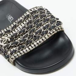 Chanel Black/White Tweed Fabric Tropiconic Chain Link Flat Slides Size 36
