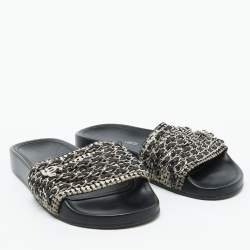 Chanel Black/White Tweed Fabric Tropiconic Chain Link Flat Slides Size 36