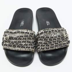 Chanel Black/White Tweed Fabric Tropiconic Chain Link Flat Slides Size 36